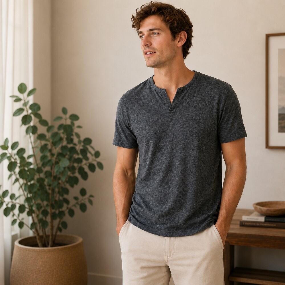Banana Republic Linen Blend Split Neck T Shirt Gray Short Sleeve Mens Medium
